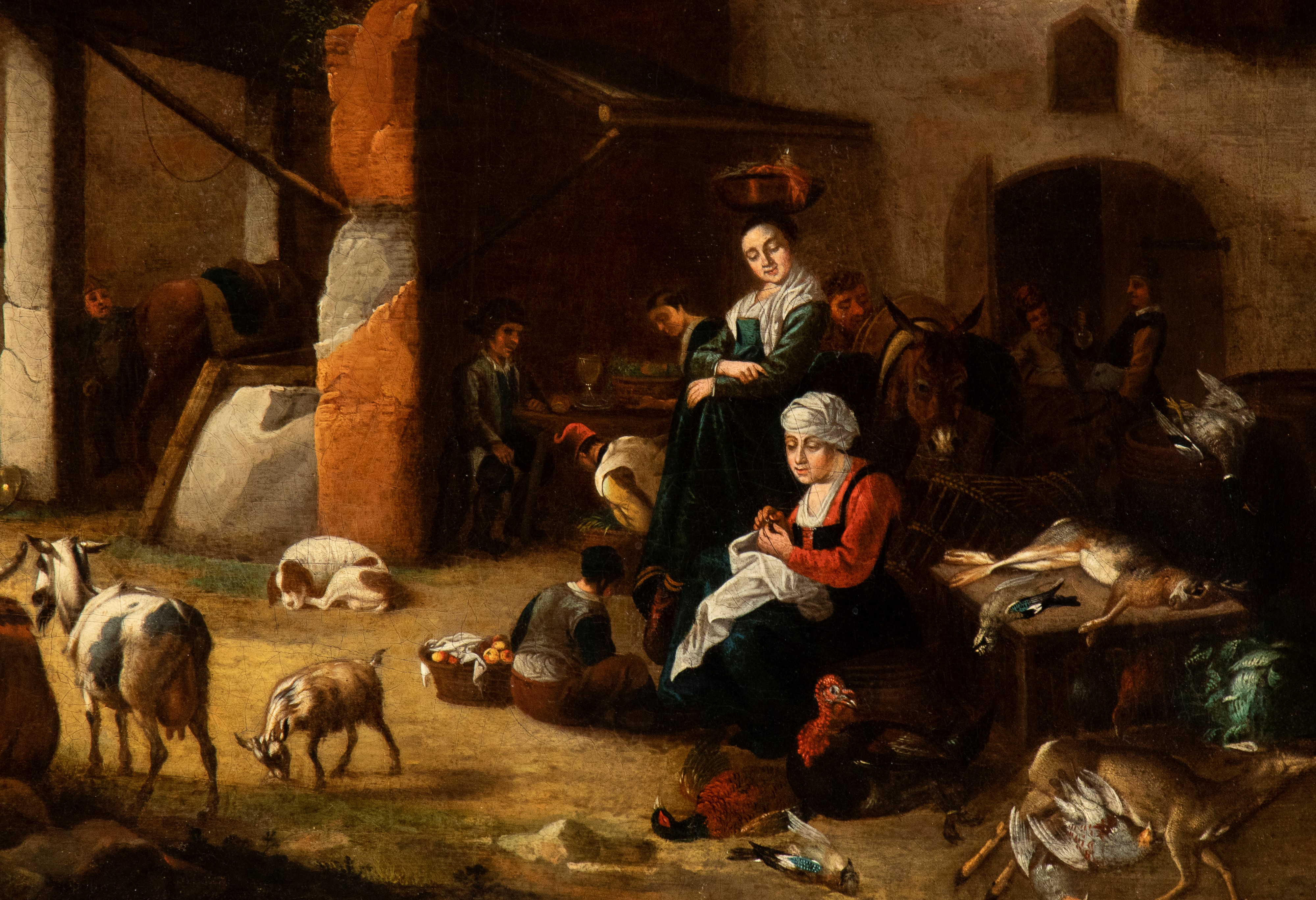 Scena di cortile con figure, animali e chiesa sullo sfondo