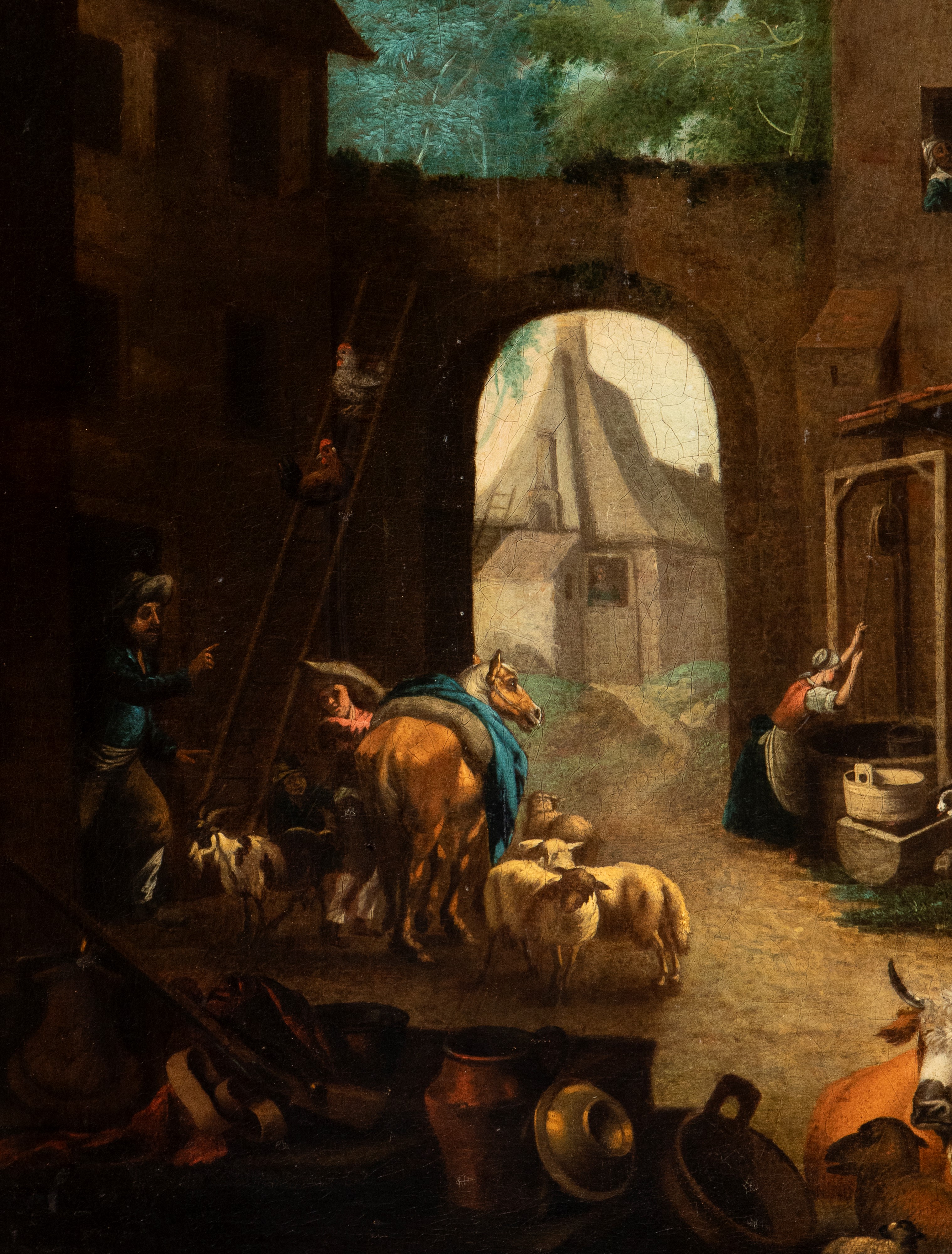 Artista Olandese, XVII - XVIII Secolo - Autore Sconosciuto, Scena di cortile con figure, animali ...