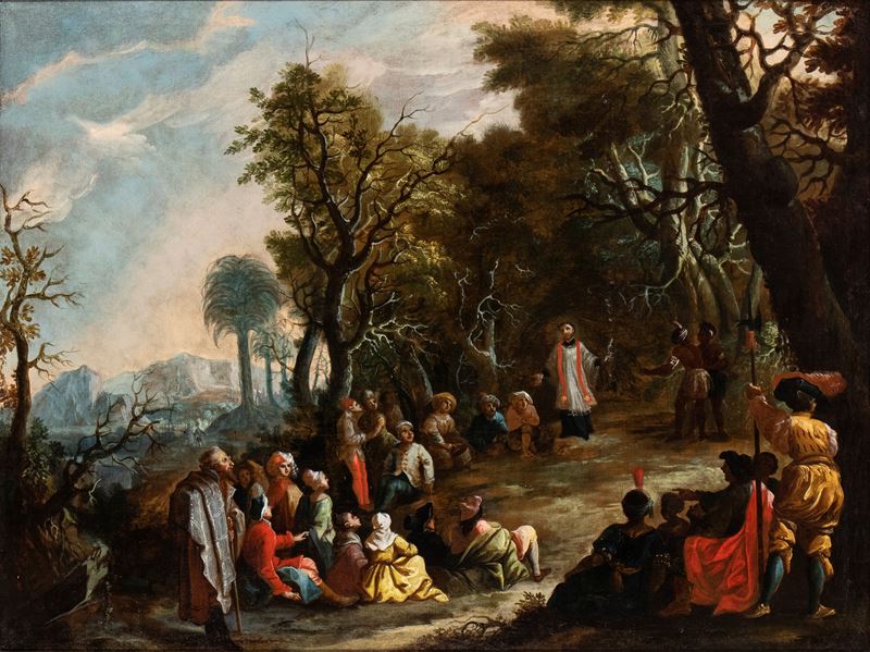 Artista Emiliano, XVII Secolo - Anonimo, Predica di San Francesco Saverio nelle Indie, olio su te...