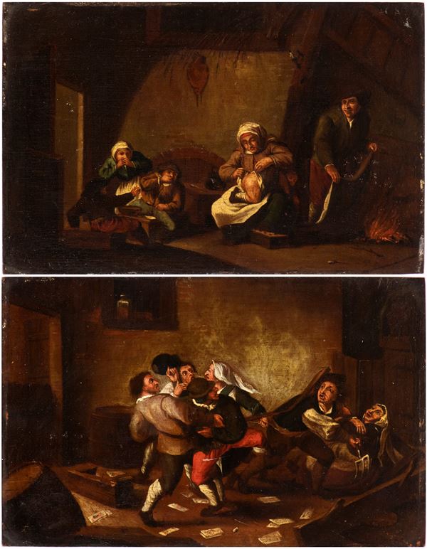 Artista fiammingo, XVII secolo - a) Interior Family Scene; b) Card Players Quarreling. Pair of Paintings