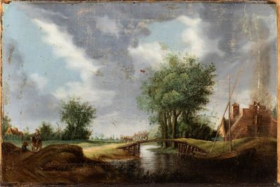 Paesaggio fluviale con ponte, carrozza e figure, olio su tela