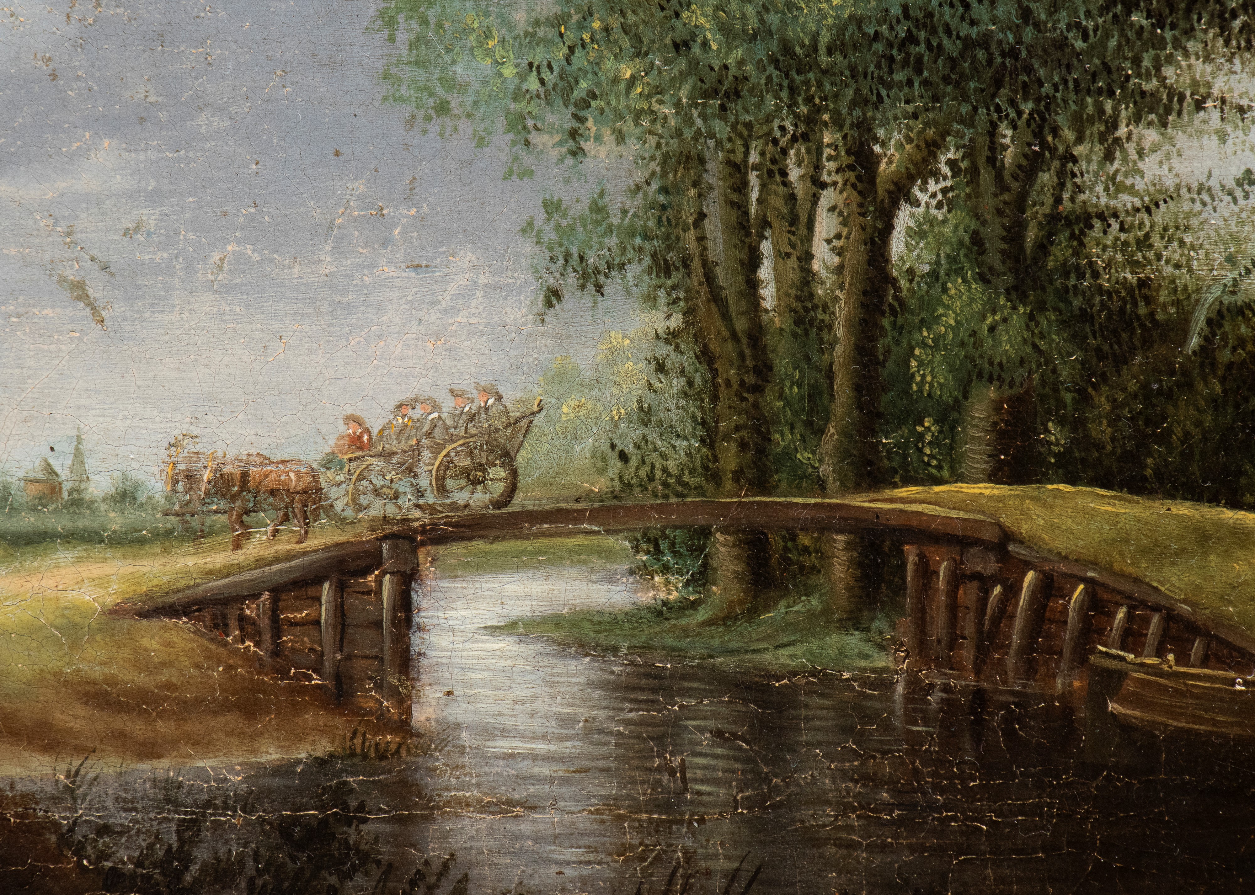 Jan Van Goyen - Paesaggio fluviale con ponte, carrozza e figure, olio su tela