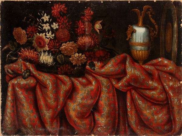 Antonio Gianlisi - Still life with bouquet of flowers, jug and damask carpet