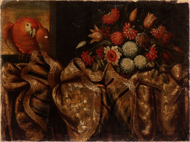 Antonio Gianlisi - Natura morta con bouquet di fiori, pappagallo e tappeto damascato, olio su tel...