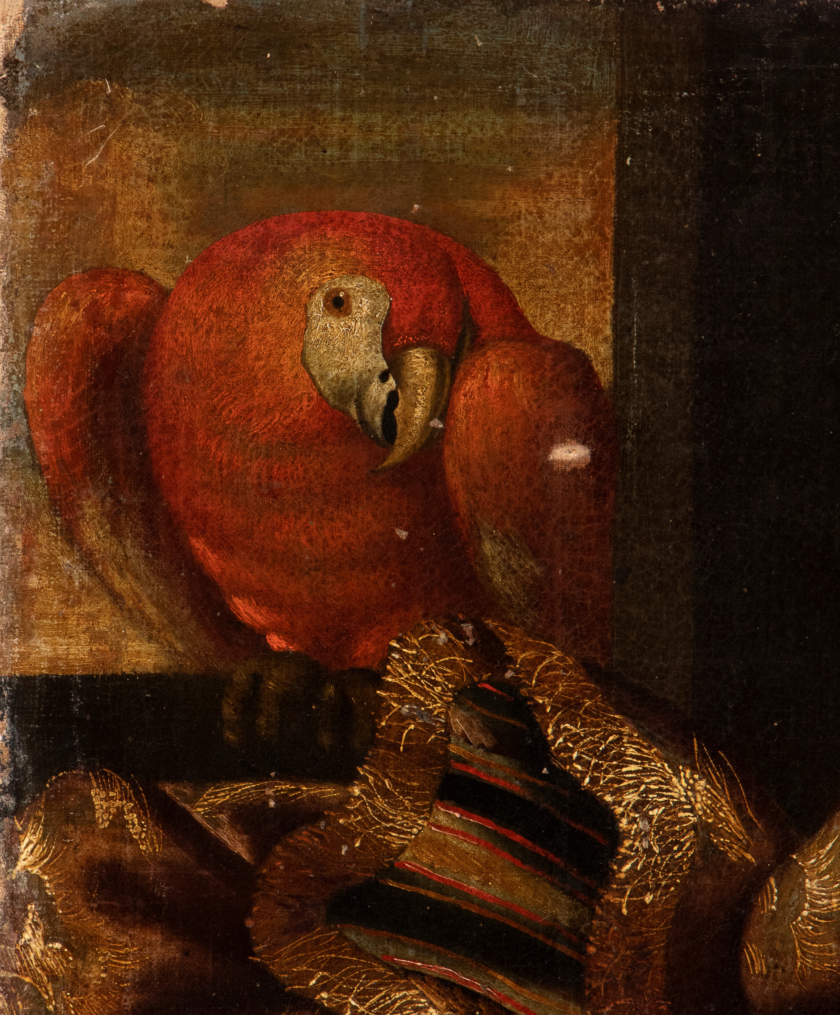 Natura morta con bouquet di fiori, pappagallo e tappeto damascato