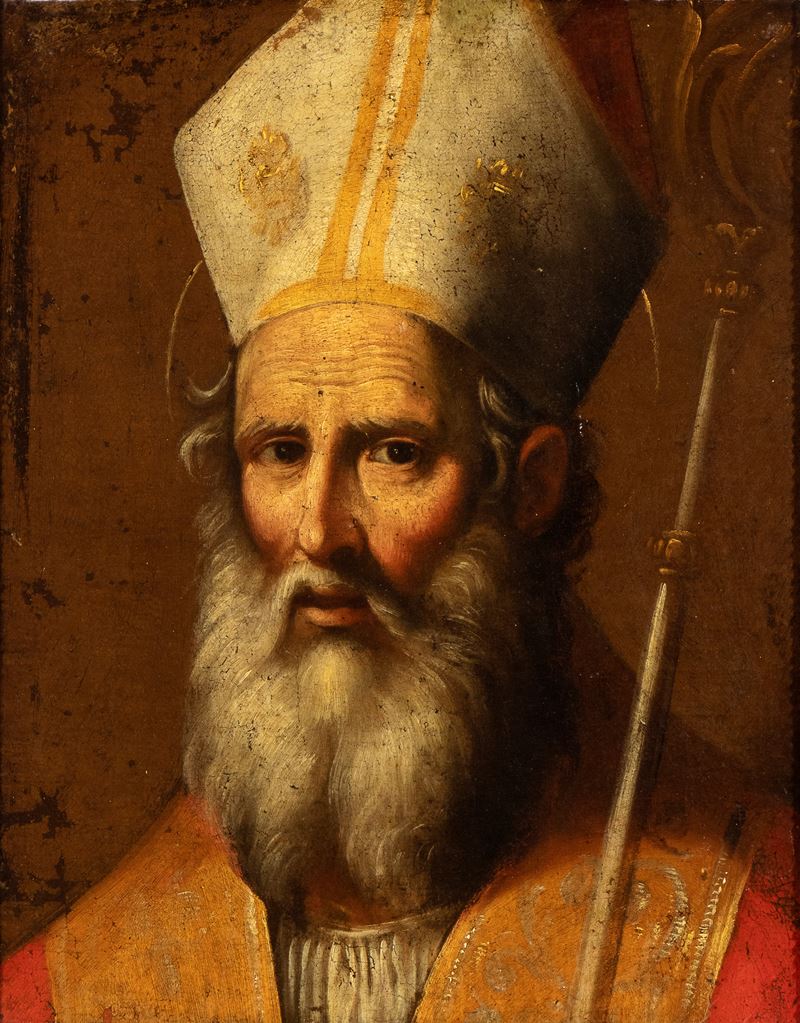 Artista Attivo a Napoli, XVII Secolo - Autore sconosciuto, Santo Vescovo - Olio su tela applicato...