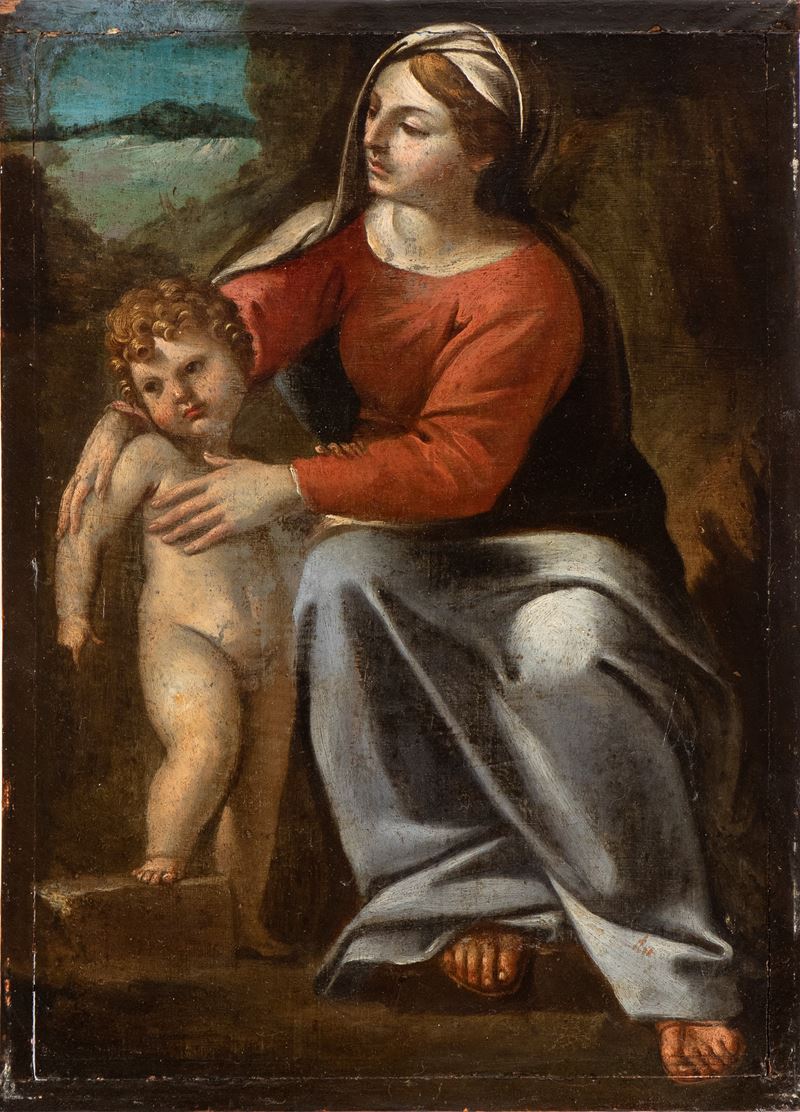 Artista Emiliano, XVII Secolo - Madonna con Bambino, olio su tavola