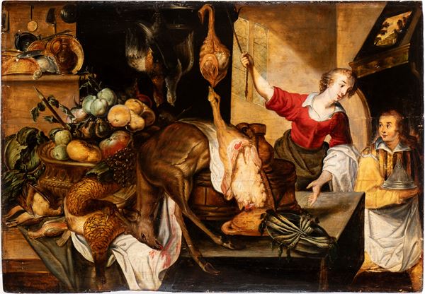 Artista fiammingo, prima met&#224; XVII secolo - Kitchen interior with two figures