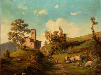 Paesaggio montano con chiesa e contadine, olio su tela