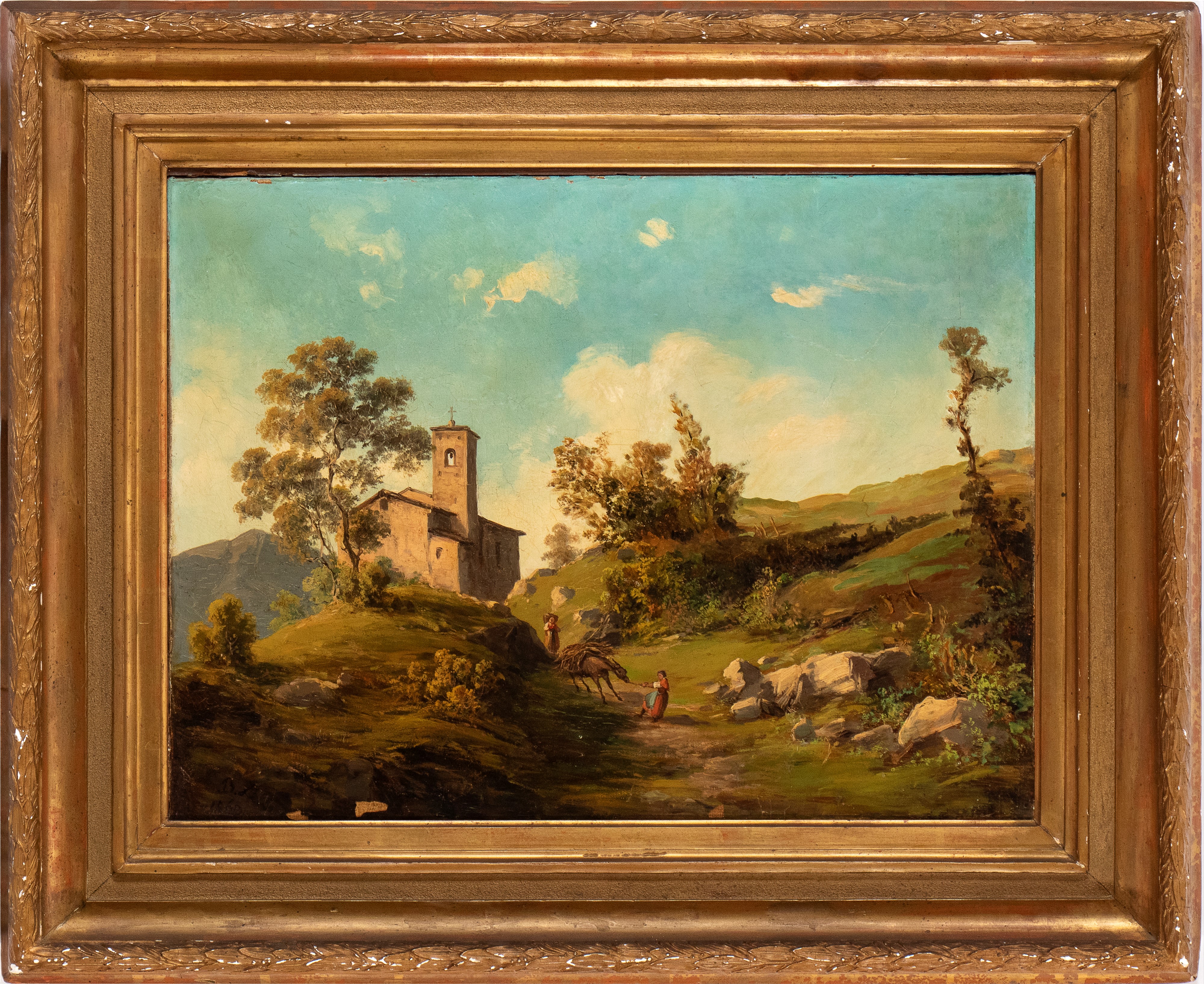 Giovan Battista Lelli - Paesaggio montano con chiesa e contadine, olio su tela