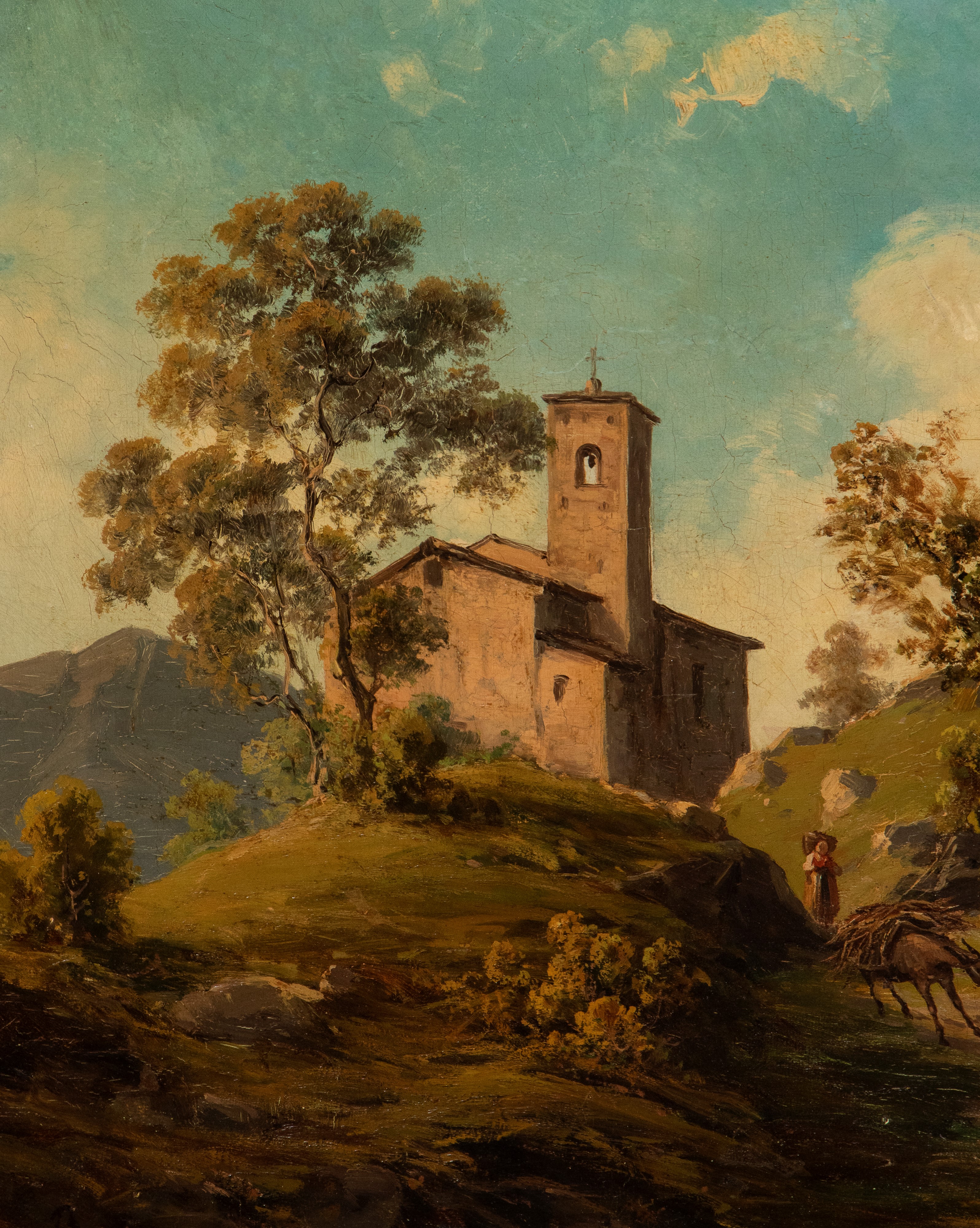 Giovan Battista Lelli - Paesaggio montano con chiesa e contadine, olio su tela