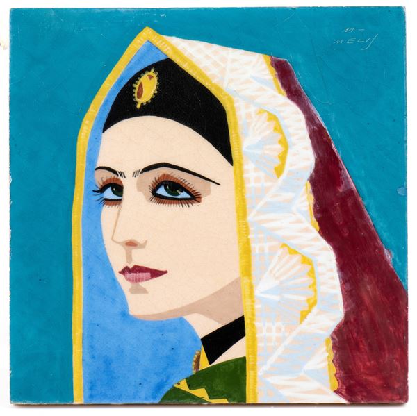 MELKIORRE MELIS - Mattonella con donna in costume tradizionale sardo