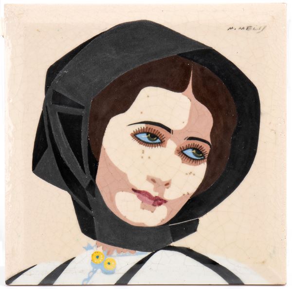 MELKIORRE MELIS - Mattonella con donna in costume tradizionale sardo