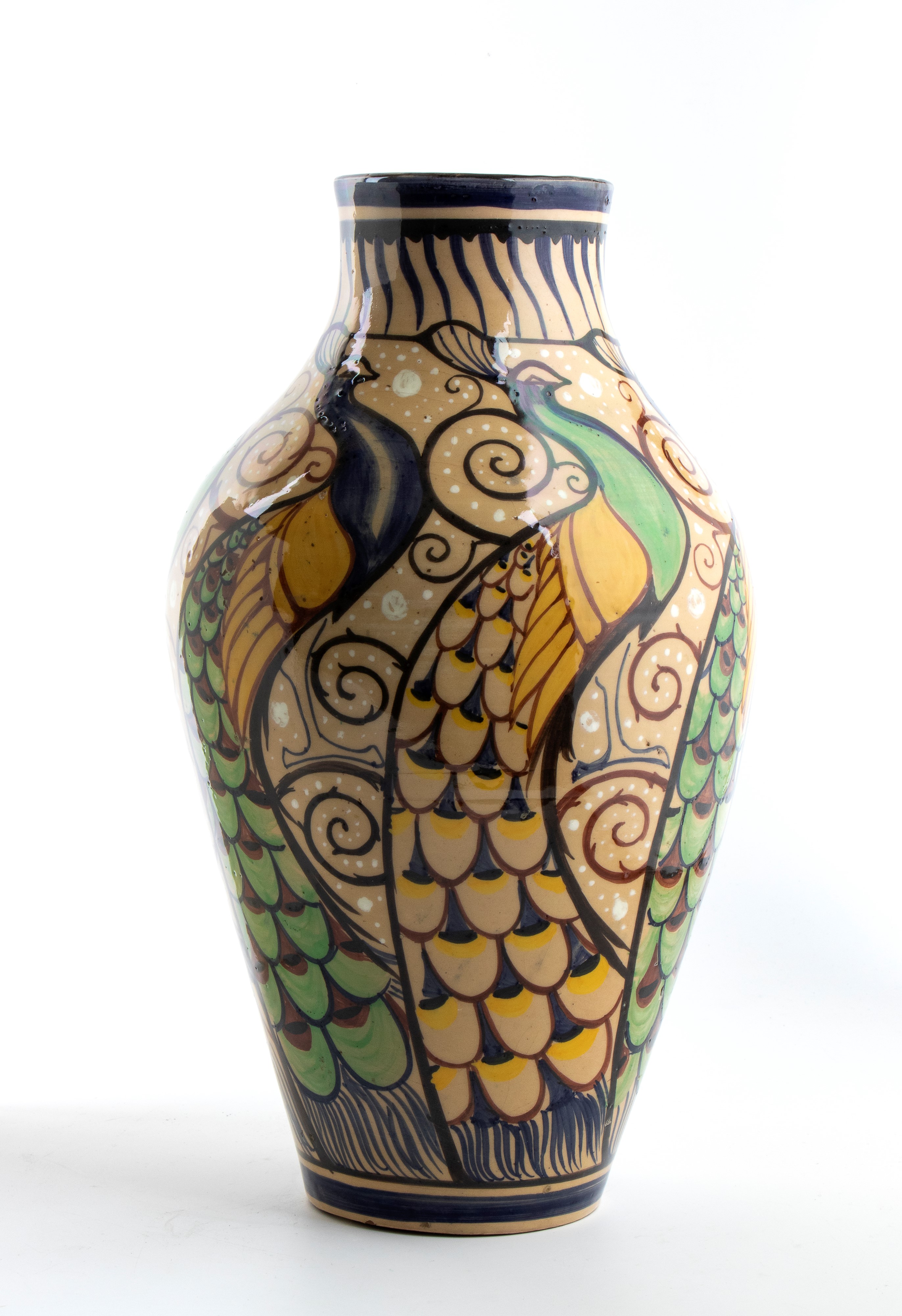 Roberto Rosati - Vaso con decoro di pavoni, ceramica policroma, 1924