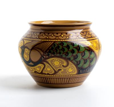 Vasetto con decorazione di pavoni, terracotta dipinta e invetriata