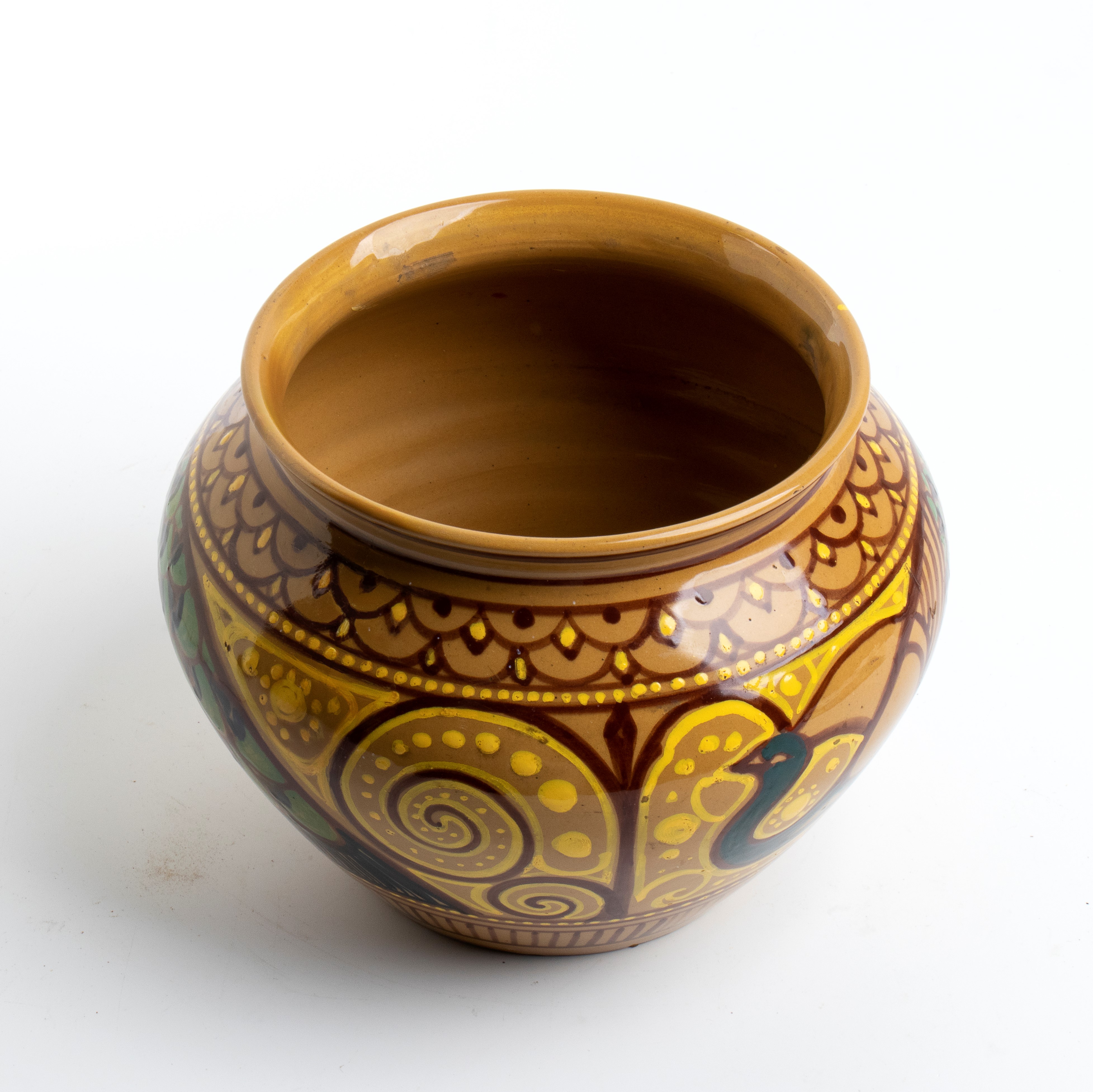 Ruggero Lanni - Vasetto con decorazione di pavoni, terracotta dipinta e invetriata