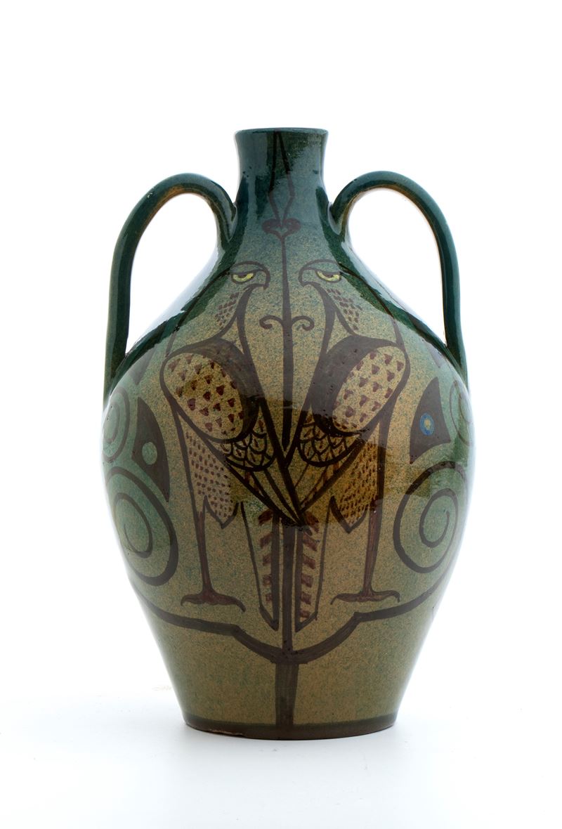 Manifattura Fiamma - Vaso dei falchi, Terracotta dipinta e invetriata