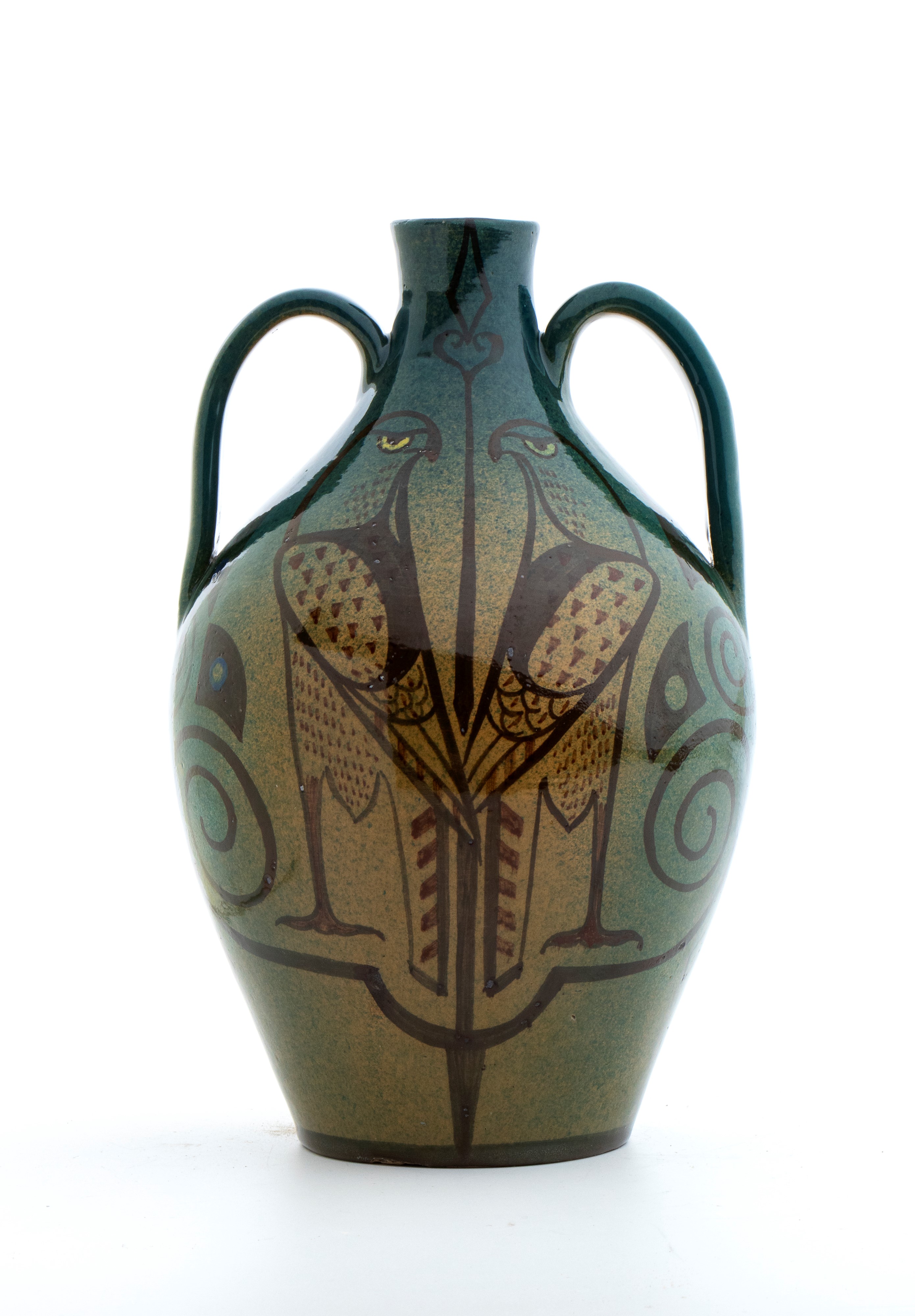 Manifattura Fiamma - Vaso dei falchi, Terracotta dipinta e invetriata