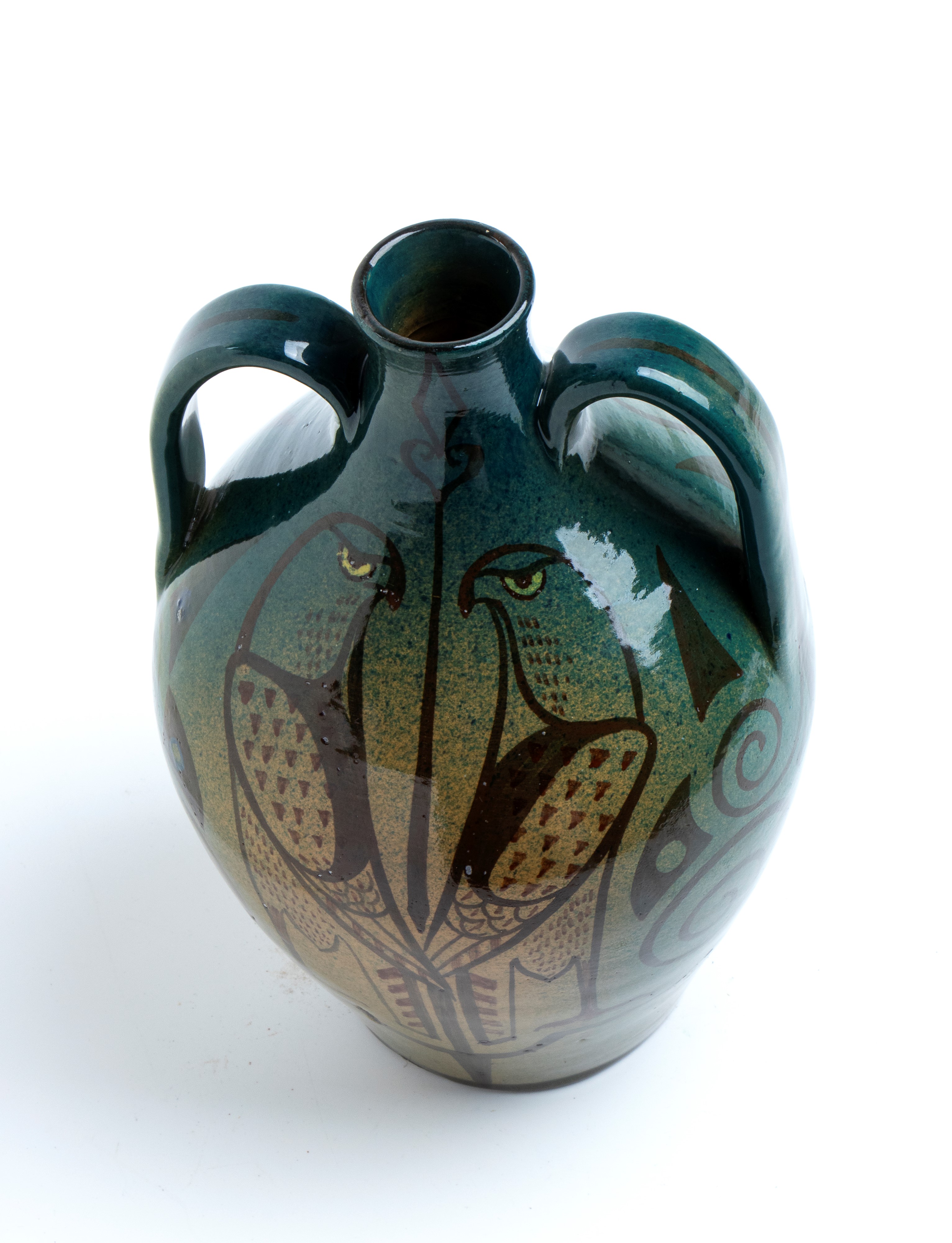 Manifattura Fiamma - Vaso dei falchi, Terracotta dipinta e invetriata