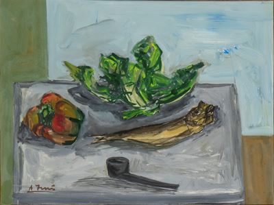 Natura morta con frutta e pipa, olio su masonite