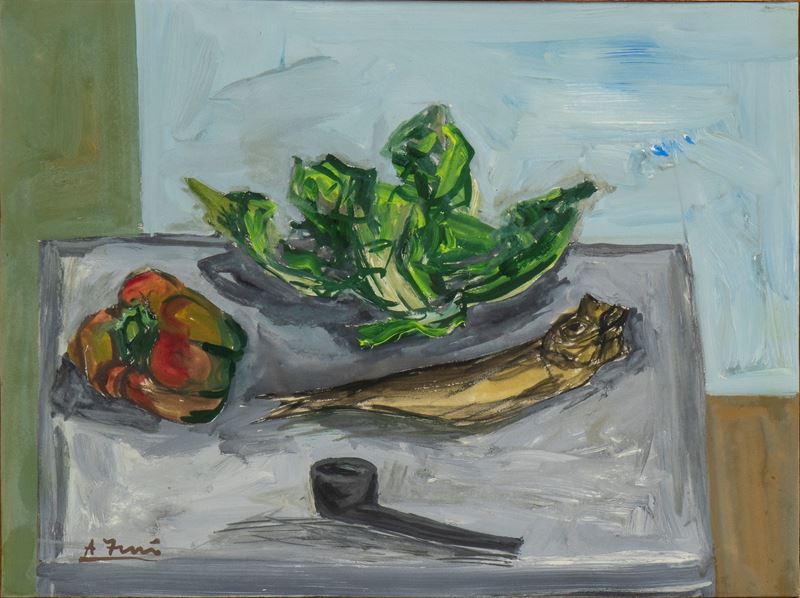 Achille Funi - Natura morta con frutta e pipa, olio su masonite