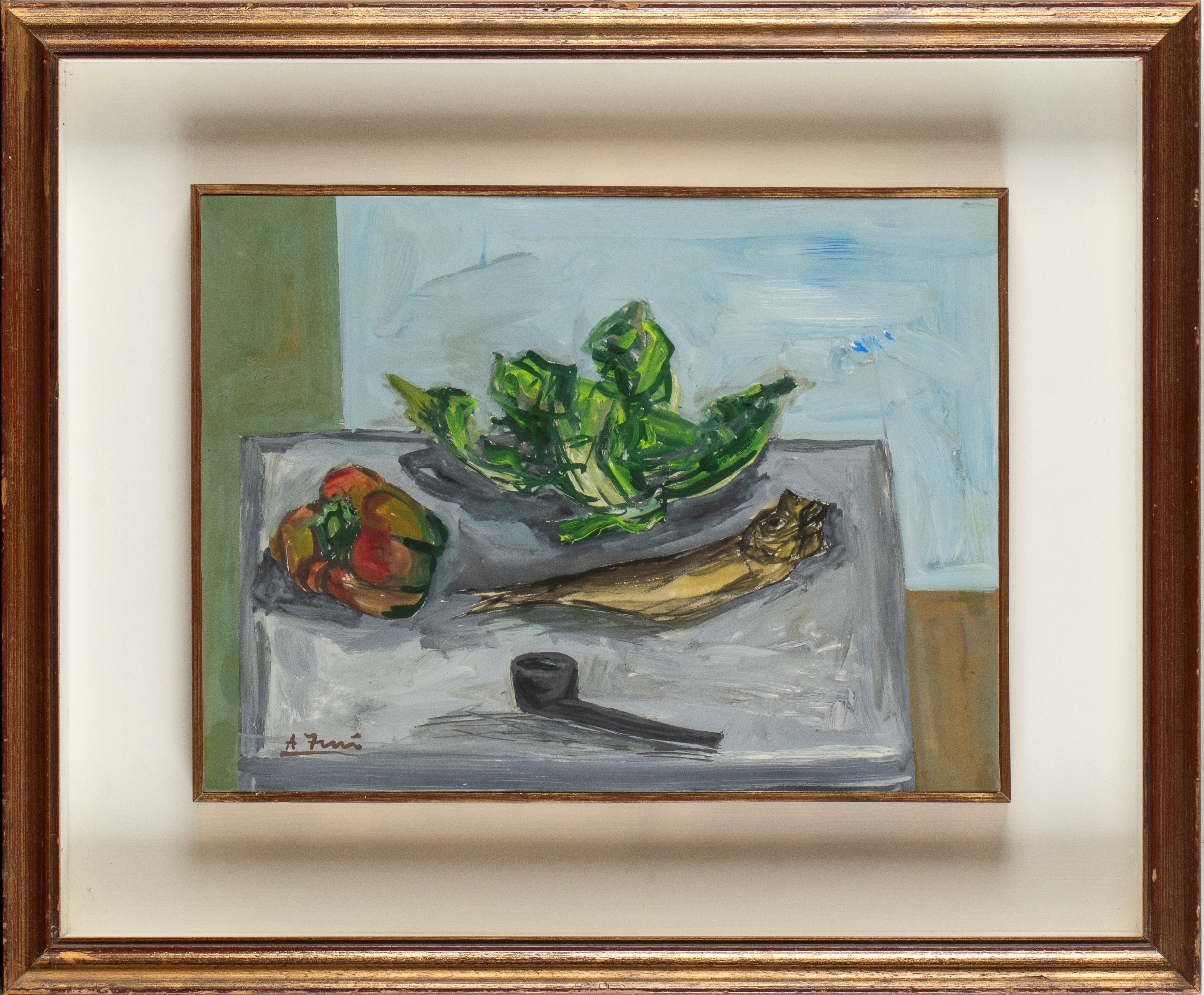 Achille Funi - Natura morta con frutta e pipa, olio su masonite