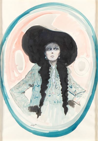 Ritratto femminile con cappello, acquarello su carta