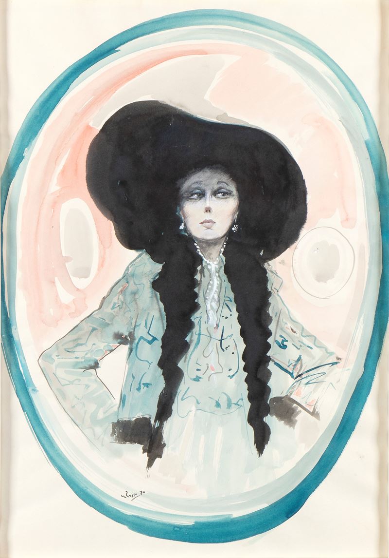 Mario Russo - Ritratto femminile con cappello, acquarello su carta