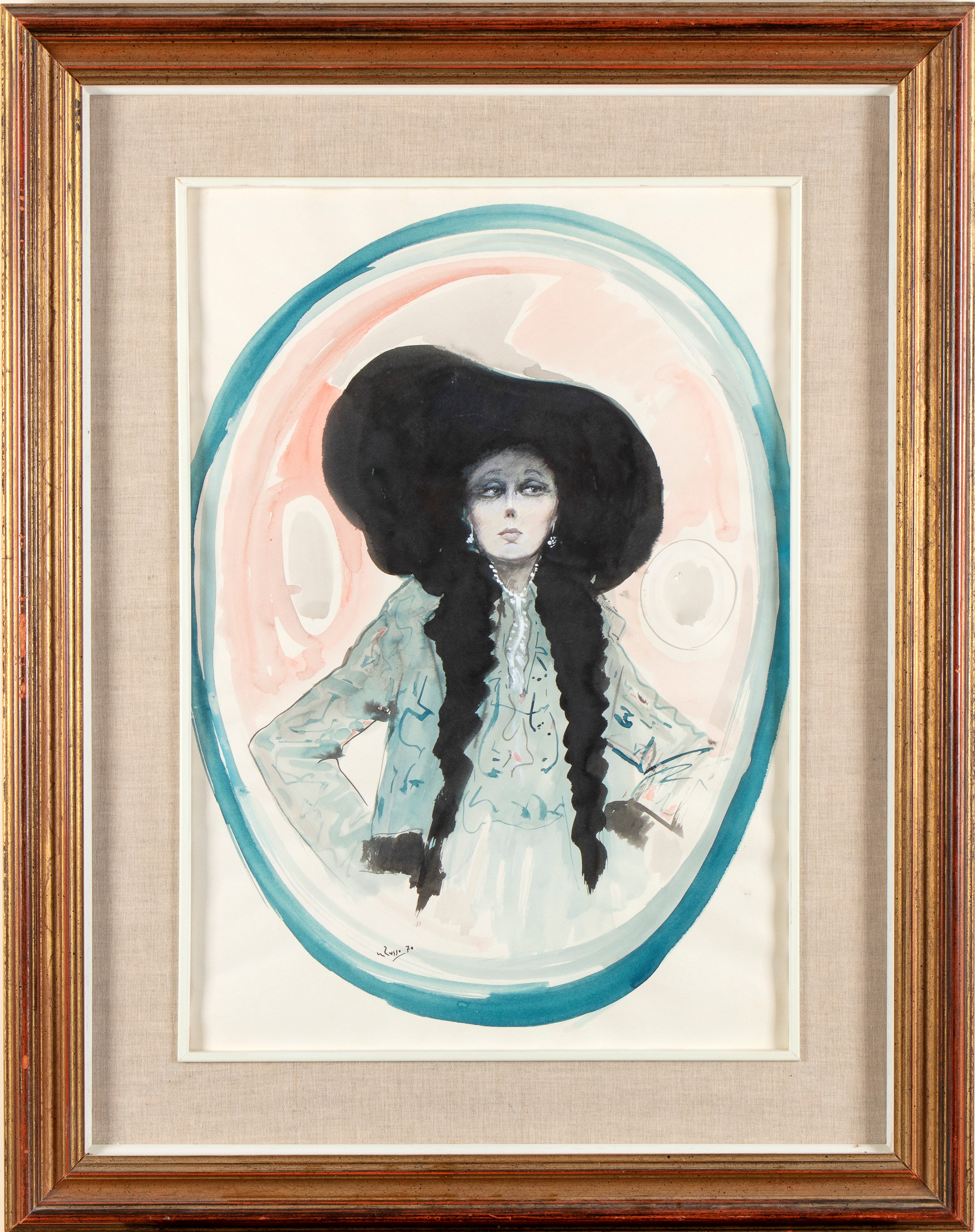Mario Russo - Ritratto femminile con cappello, acquarello su carta