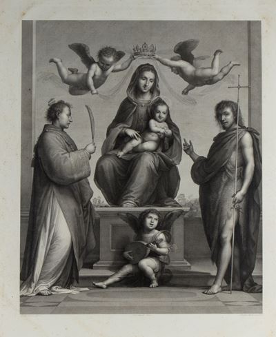 Incisione della Madonna col Bambino in trono tra santi e angeli