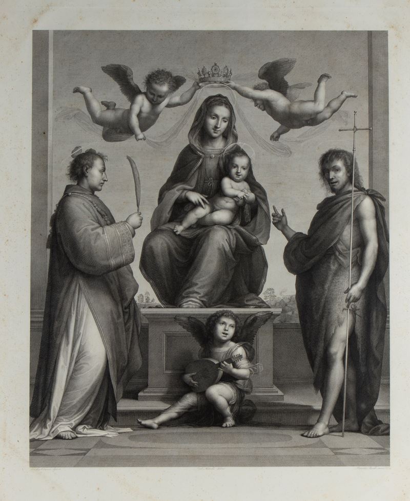 Maurizio Steinla, Incisione della Madonna col Bambino in trono tra santi e angeli, XIX secolo