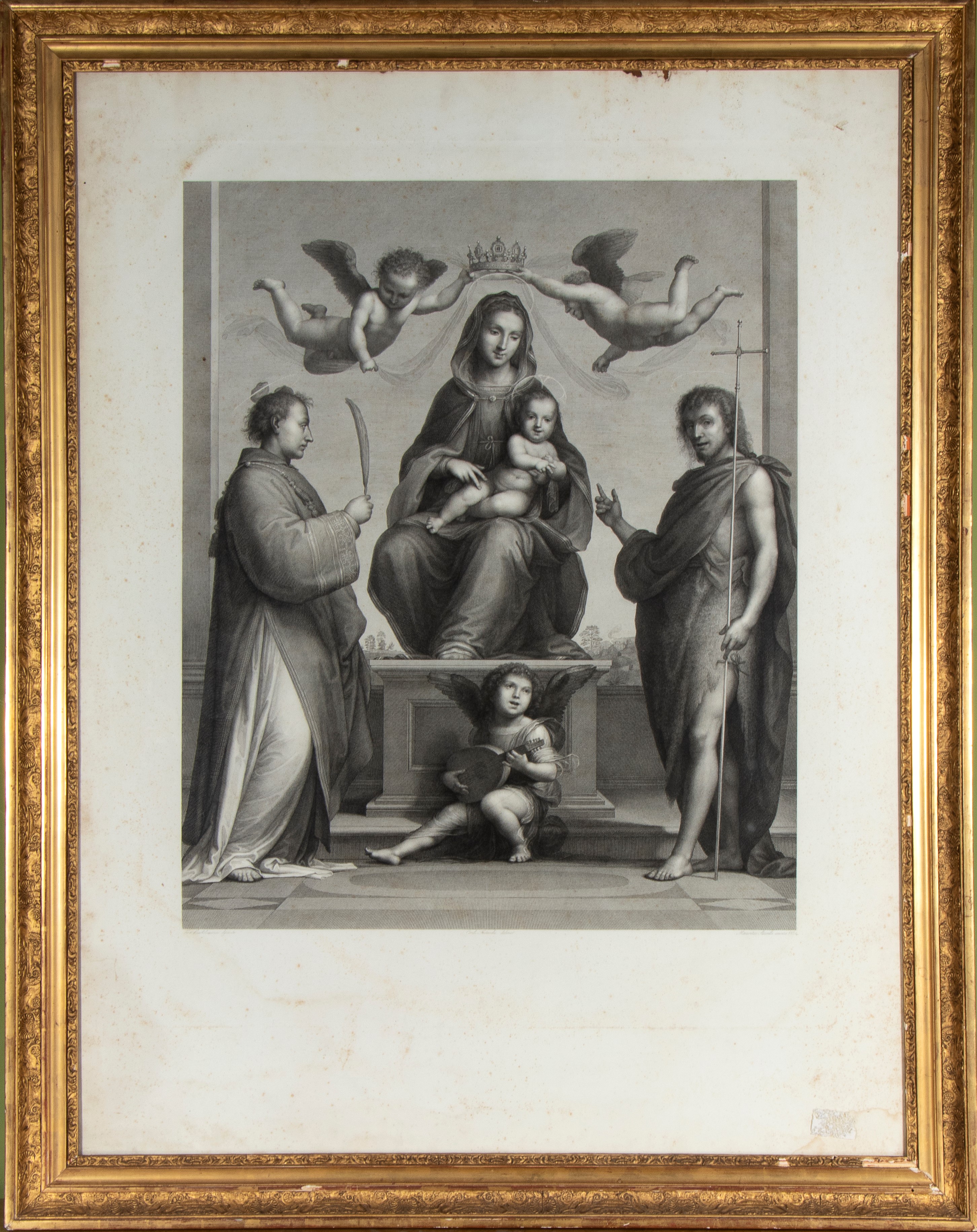 Maurizio Steinla, Incisione della Madonna col Bambino in trono tra santi e angeli, XIX secolo