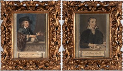 Gerard Dou e Sofonisba Anguissola, Coppia di incisioni italiane, XVIII secolo, cornice in legno i...