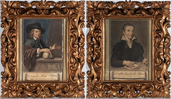 Coppia di incisioni italiane con cornice in legno intagliato e dorato