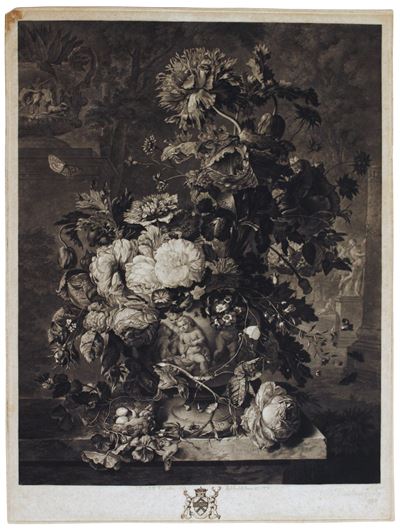Natura morta con vado di fiori, mezzotinta del 1778