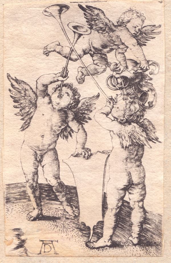 Three putti with trumpets, shield and helmet