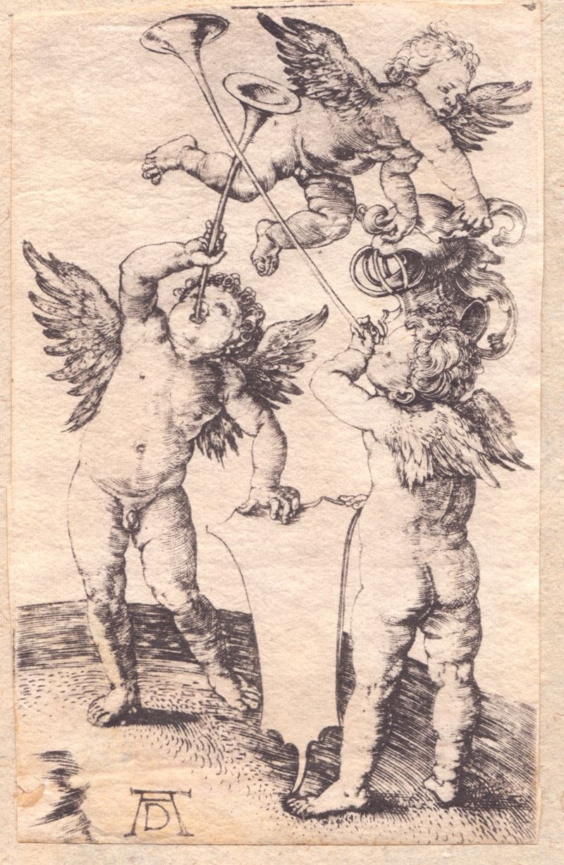 Albrecht Durer - Tre putti con trombe, scudo ed elmo, bulino