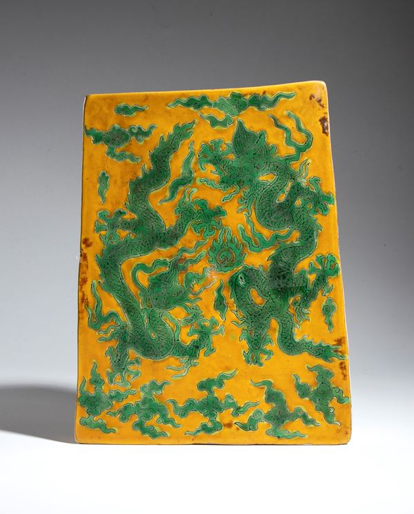 Green and yellow glazed ceramic tile, China
