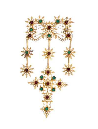Spilla sarda in oro 18k con decorazioni in paste vitree