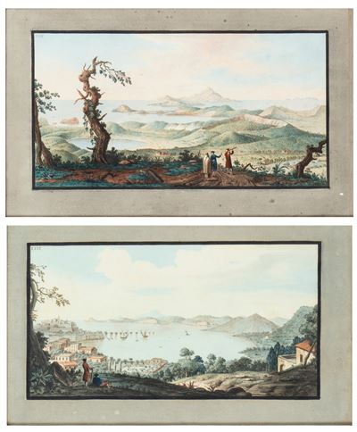 Veduta a volo d’uccello del convento dei Camaldoli e Veduta del Golfo di Pozzuoli, acquaforte