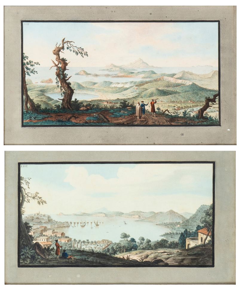 Pietro Fabris - Veduta a volo d’uccello del convento dei Camaldoli e Veduta del Golfo di Pozzuoli...