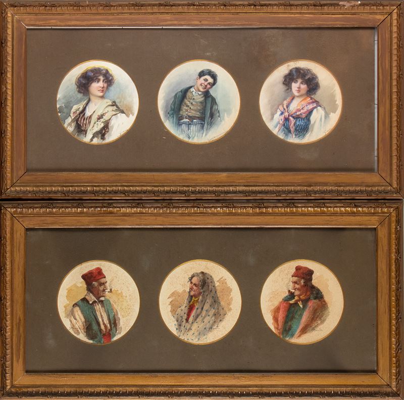 Lotto composto da una coppia di tre acquarelli