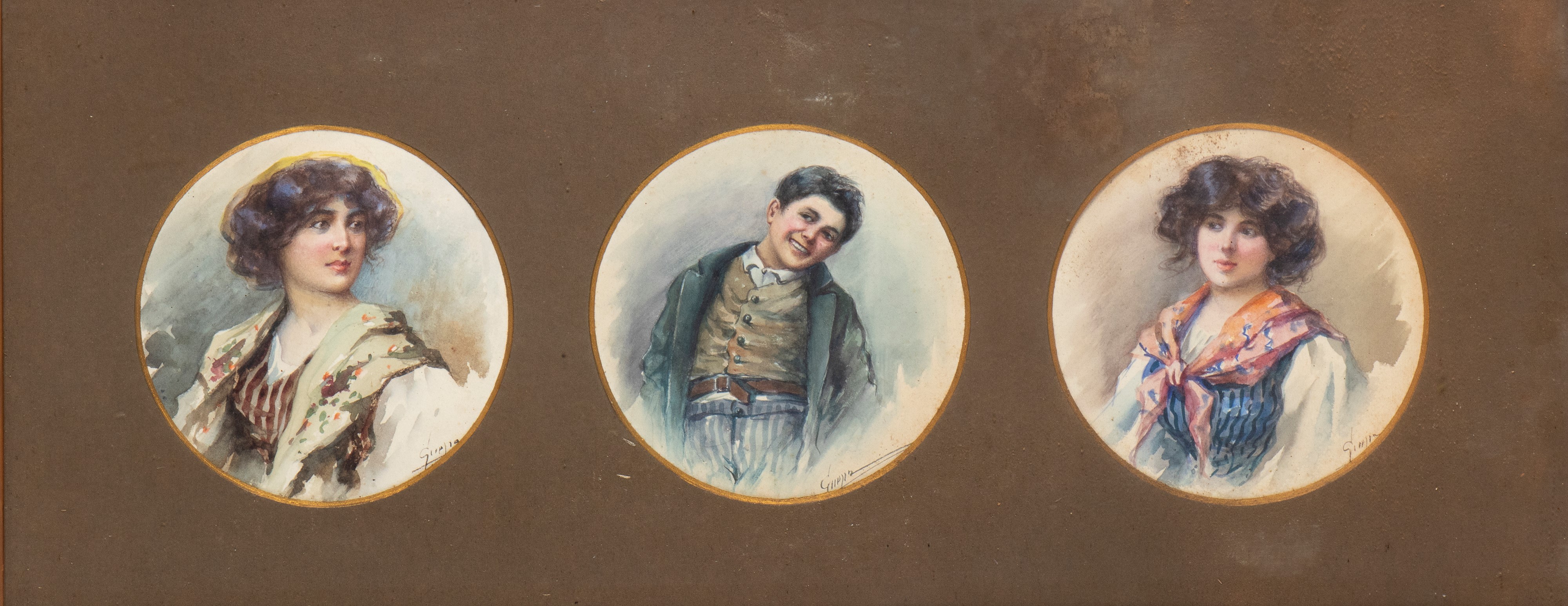 Lotto composto da una coppia di tre acquarelli