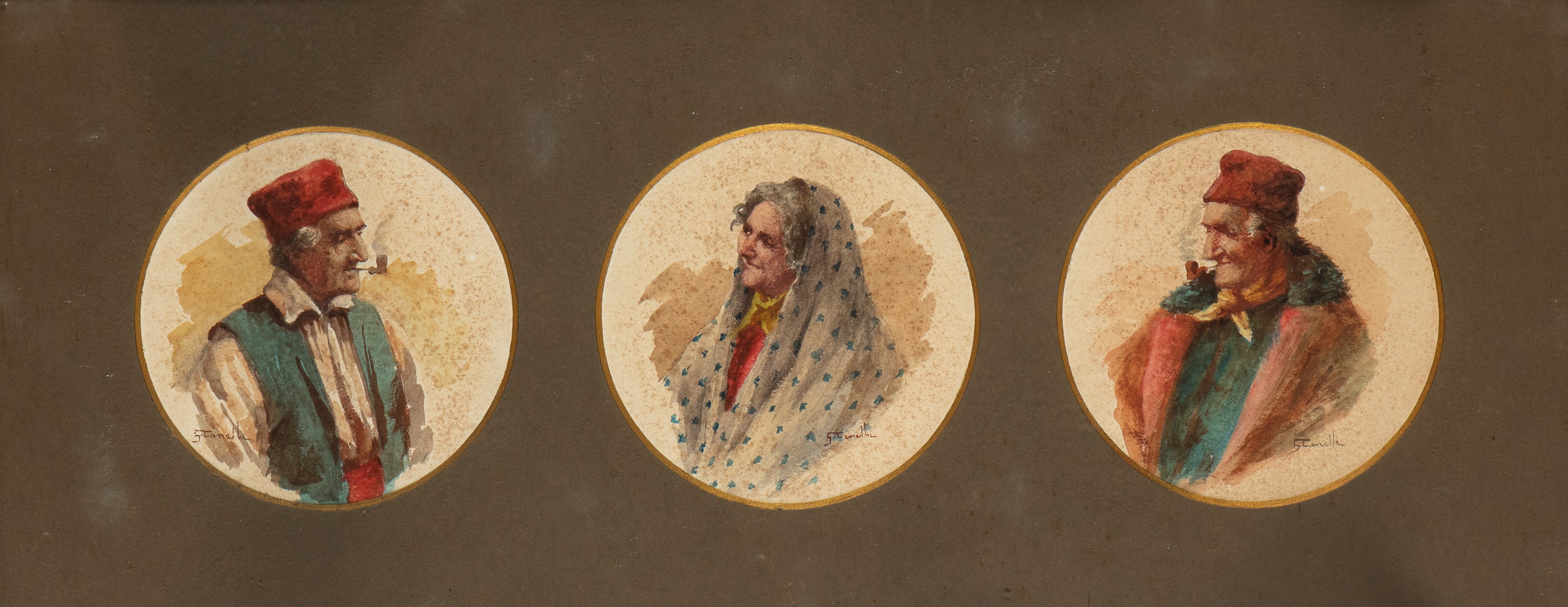 Lotto composto da una coppia di tre acquarelli