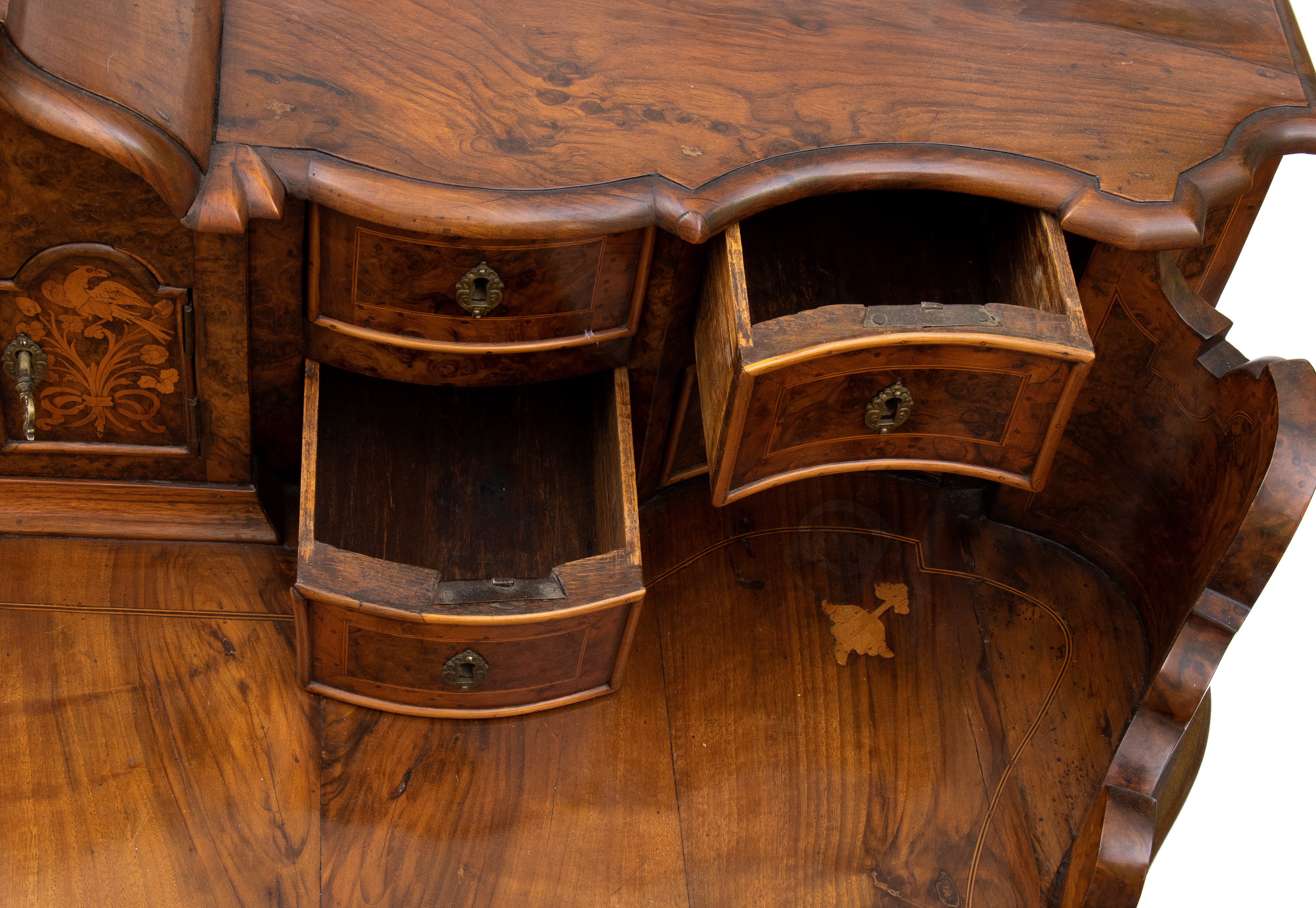 Scrittoio intarsiato con alzata, in noce