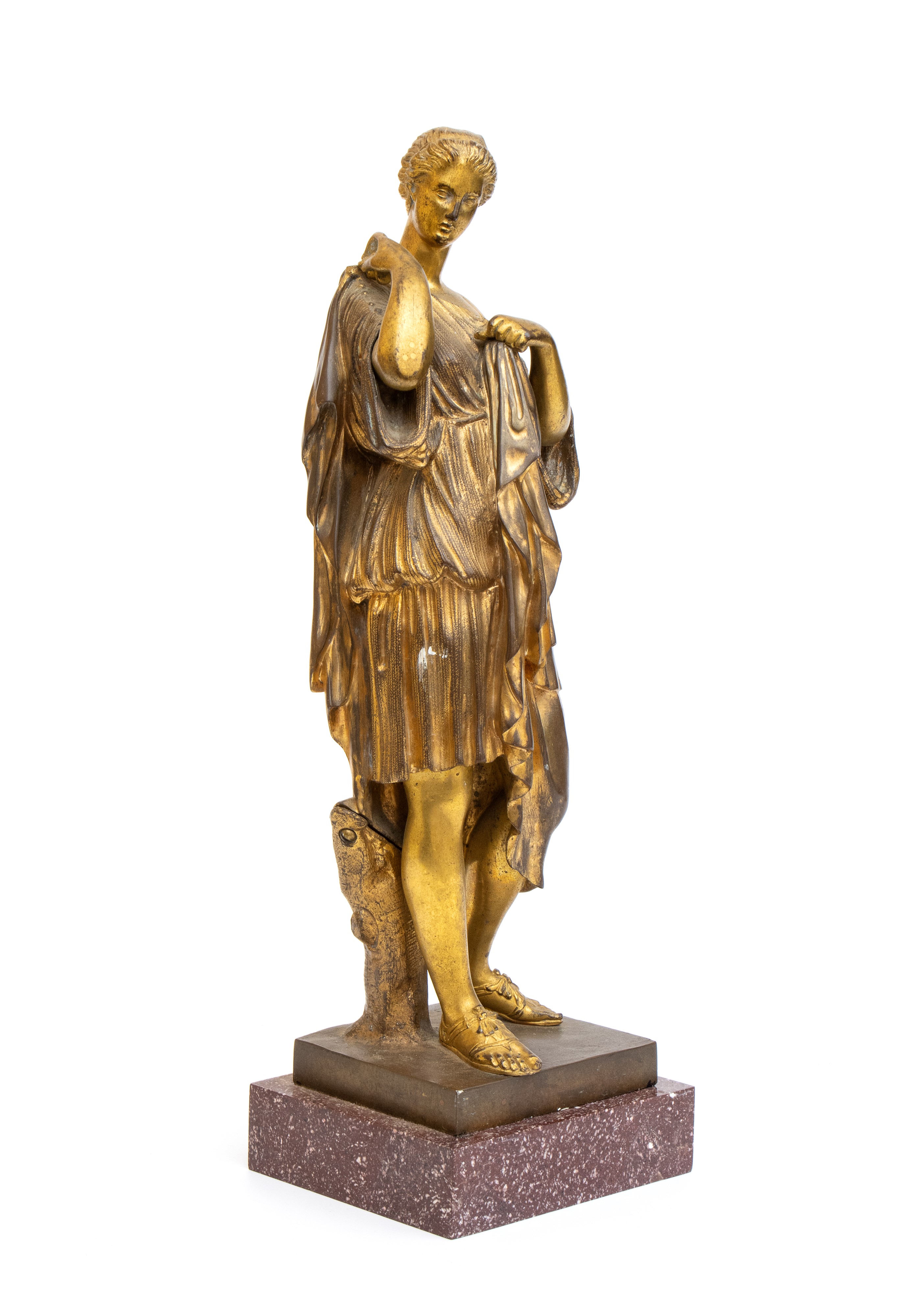 Scultura in bronzo dorato, figura femminile in abbigliamento classico