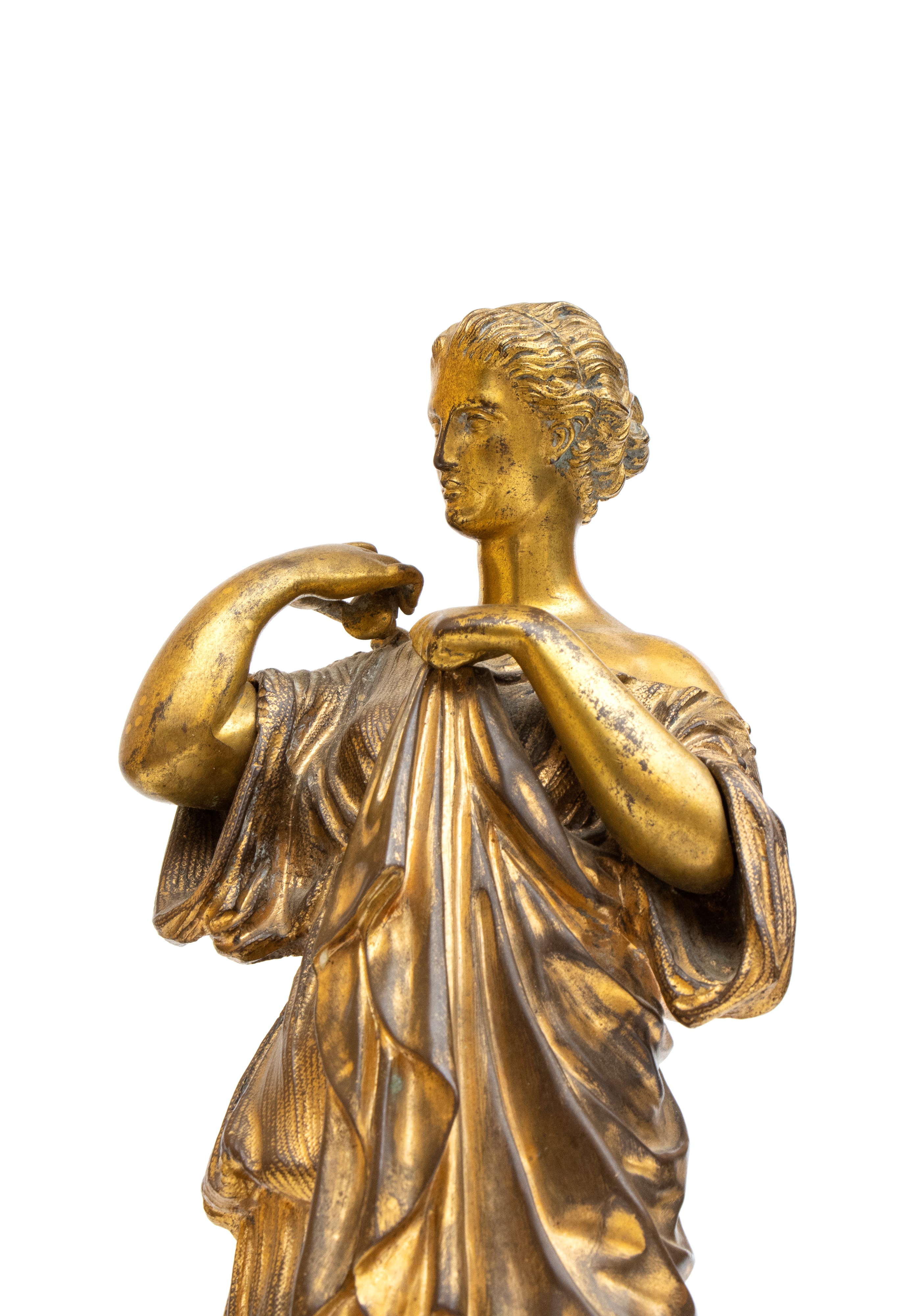 Scultura in bronzo dorato, figura femminile in abbigliamento classico
