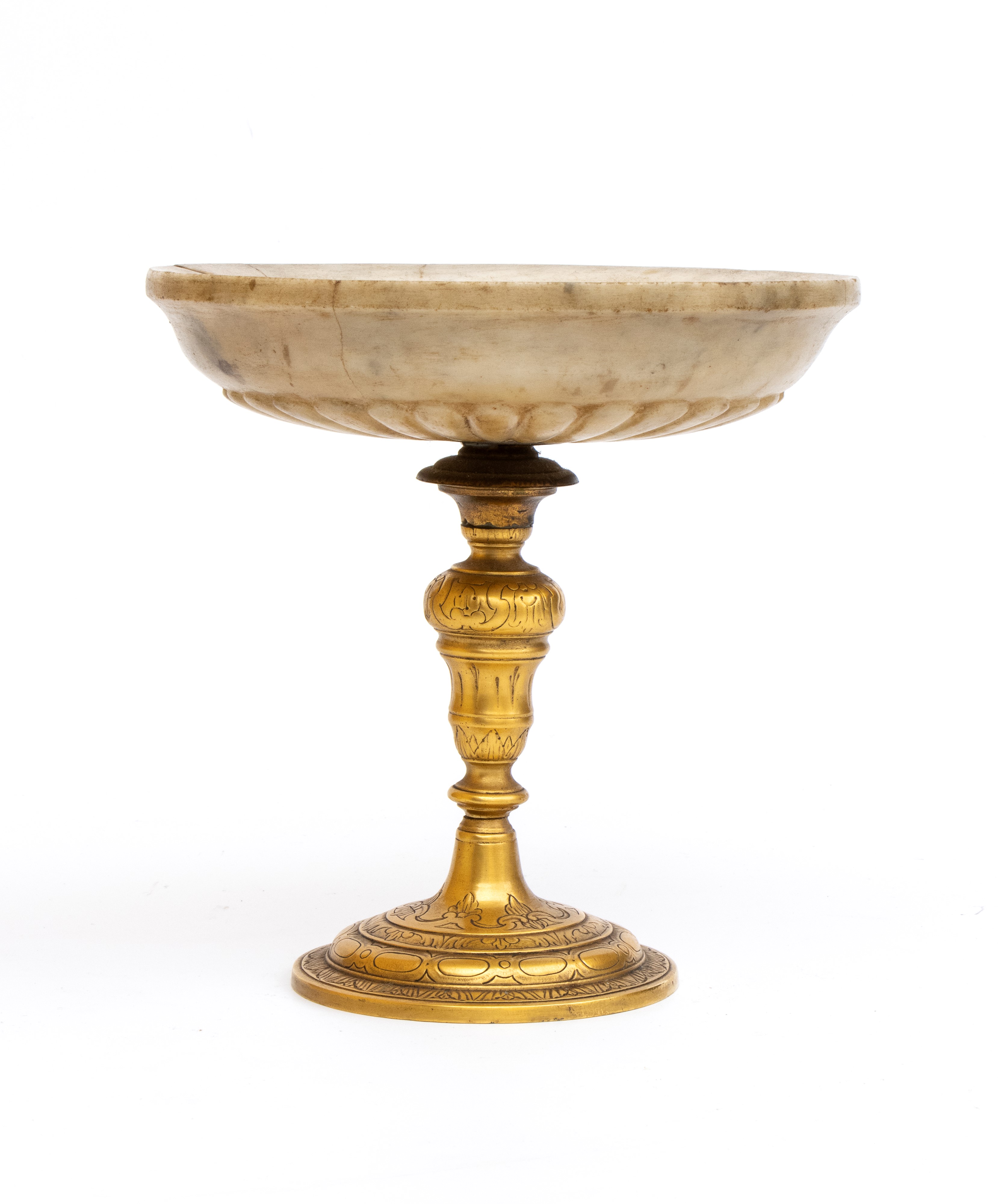 Alzata in bronzo dorato e marmo bianco