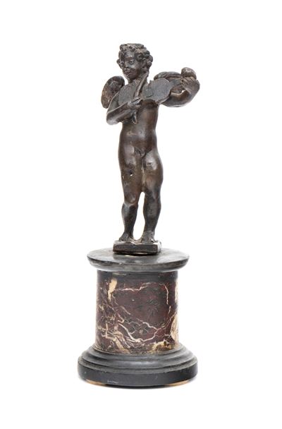 Putto musicante, scultura in bronzo, gusto neoclassico (XIX secolo)