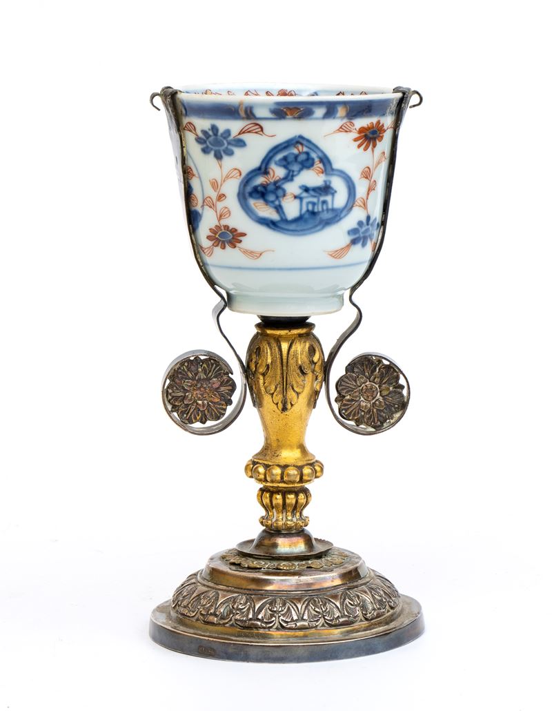 Coppa/ Bicchiere in porcellana cinese con montatura in argento italiano